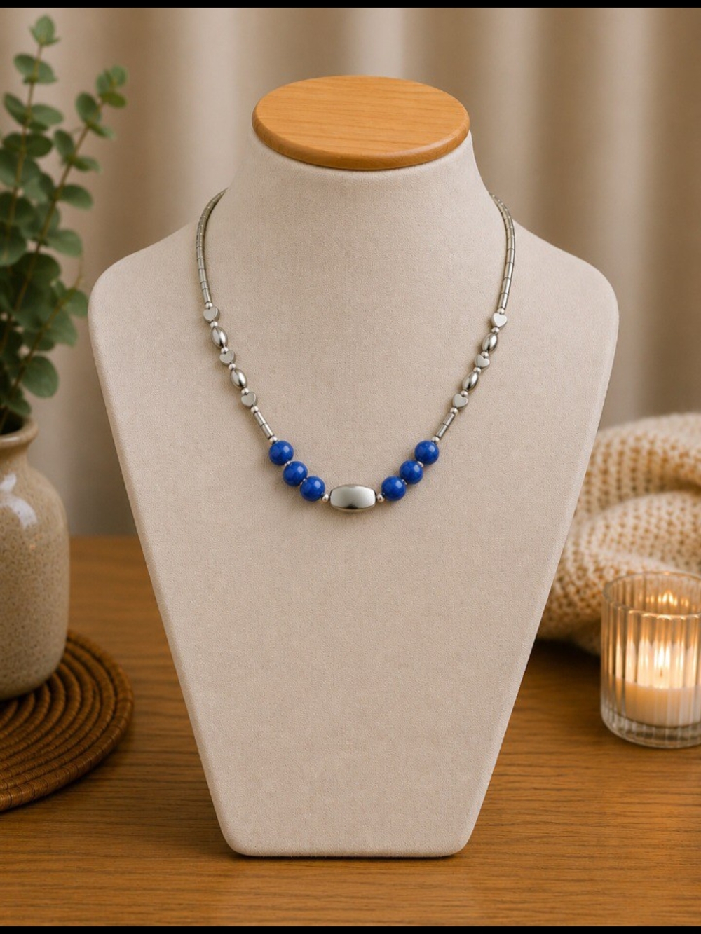 Silver Necklace with Blue Beads - Women Jewelry